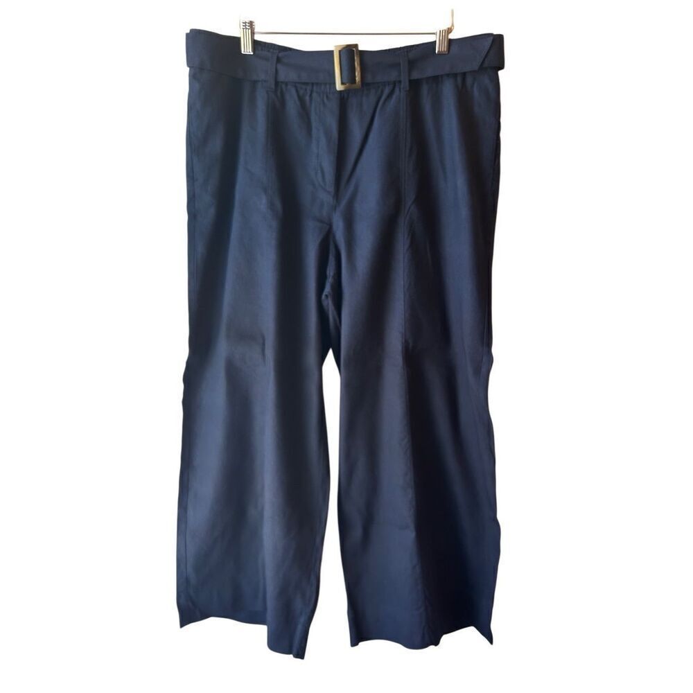 J.Jill Linen Stretch Wide Leg Cropped Belted Pants Sz L Navy Work Beach